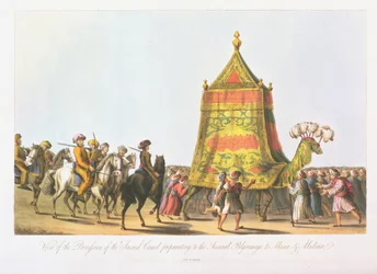 Vue de la procession du chameau sacré préparatoire au pèlerinage annuel à La Mecque et Médine, pub. 1822